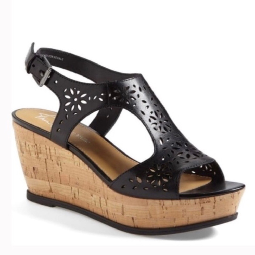 Franco Sarto Cutout Leather Black Sandal Cork Wedge Artist Collection shoes 9.5